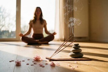 Burning incense sticks with stacked stones during indoor meditation session