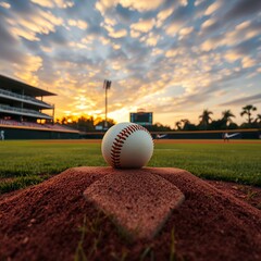 Softball on pitcher mound at sunset sport competition event on baseball field equipment for summer league play or practice baseball field stadium game baseball field competition play team sport grass 