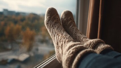 Cozy Feet in Wool Socks Relaxing by Window