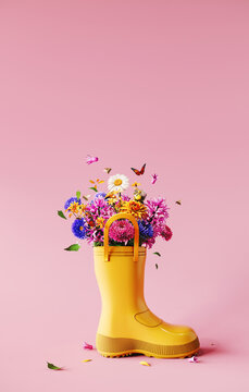 Yellow rubber boot full of colorful spring flowers with butterflies and bees on pink background with copy space. Spring is here concept banner. 3D Rendering, 3D Illustration