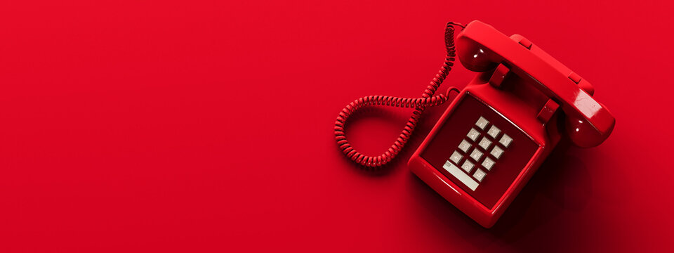 Old red telephone on red background with copy space. 3D Rendering, 3D Illustration