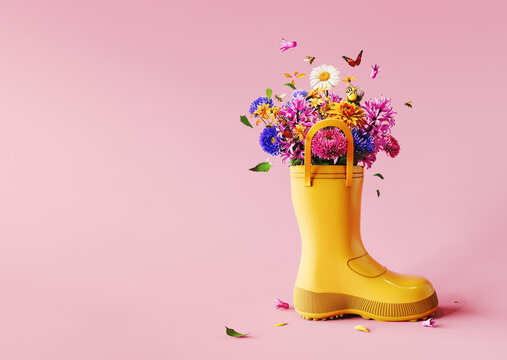 Yellow rubber boot full of colorful spring flowers with butterflies and bees on pink background with copy space. Spring is here concept banner. 3D Rendering, 3D Illustration