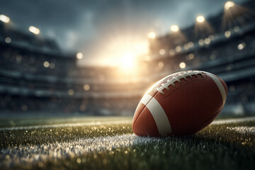 American football resting on a green field inside a large stadium at night under bright floodlights, concept for professional sports competition and championship game preparation.