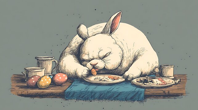 Illustration of a large, fluffy white rabbit eating at a rustic table, Easter theme - Powered by Adobe