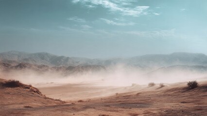 Desert landscape with hazy mountains