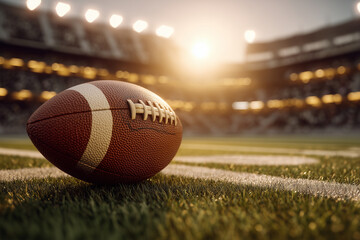 American football lying on the white line of a green turf field in a stadium at sunset, athletic competition and game preparation for sports event or professional league