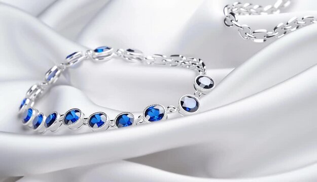 Blue sapphire bracelet on white silk fabric, round blue gemstones in silver bezel settings connected by delicate chain