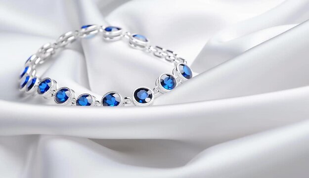Blue sapphire bracelet on white silk fabric, round blue gemstones in silver bezel settings connected by delicate chain