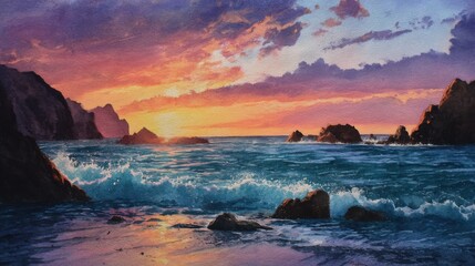 Obraz premium Vibrant sunset over ocean waves and rocky coastline.