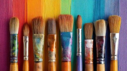 Fototapeta premium Colorful art brushes against a vibrant rainbow painted canvas.