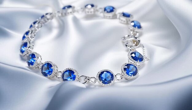 Blue sapphire bracelet on white silk fabric, round blue gemstones in silver bezel settings connected by delicate chain