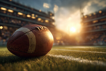 American football resting on a green grass field in a stadium at sunset, low angle shot of sports equipment on the yard line for competition and game day atmosphere