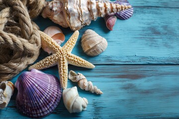 Colorful Assortment of Shells and Starfish on a Blue Wooden Surface with Natural Elements and Decorative Rope for Beach-Themed Designs