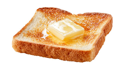 Golden brown toasted bread slice with melting butter spreading over warm, crisp surface, appetizing close up on transparent background  classic breakfast or snack staple