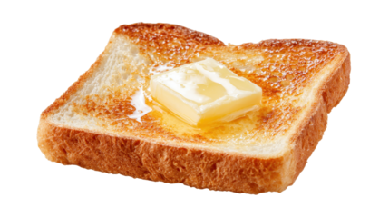 Golden brown toasted bread slice with melting butter spreading over warm, crisp surface, appetizing close up on transparent background  classic breakfast or snack staple