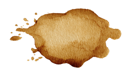 Brown watercolor stain with splashes and splatters forming an irregular coffee blob texture, organic and grungy for backgrounds, overlays, or decorative graphic design use