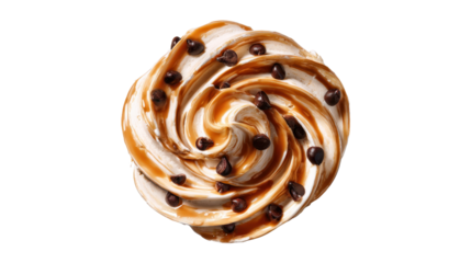 Swirling soft serve ice cream top with rich caramel syrup and dark chocolate chips, presenting a tempting frozen sweet dessert snack, isolated on transparent background