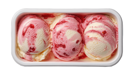 Scoops of refreshing strawberry swirl and vanilla ice cream presenting a sweet dessert experience, inviting enjoyment during hot weather, isolated on a transparent background