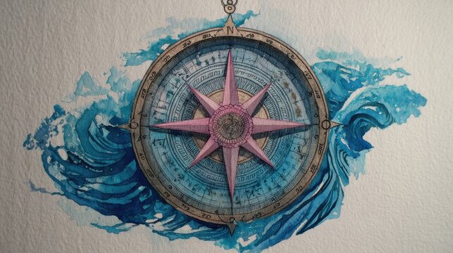 Vintage nautical compass with artistic watercolor waves design.