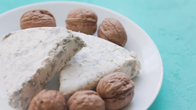 Close-Up of Walnuts with French Roquefort Cheese