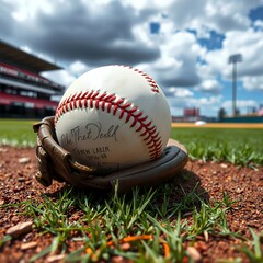 Ready for the game a close-up of a baseball and worn leather glove on a baseball field baseball field stadium game baseball field competition play team sport grass arena green league