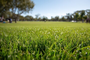 Fototapeta premium Foreground grass blades with distant trees and open park space