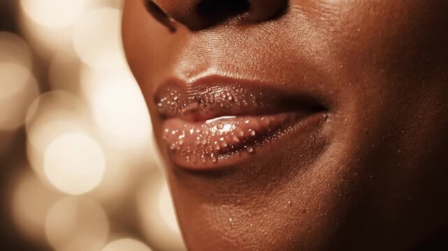 Close-up of a Woman's Lips with Glossy Shimmering Makeup and Soft Bokeh Lights in a Studio Setting