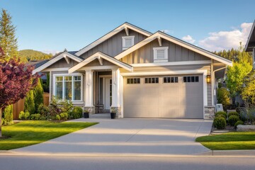 Front view of a two-car garage with expansive driveway and neutral exterior