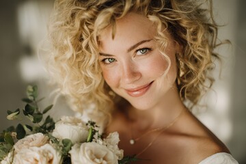 Timeless Wedding Portrait: Bride with Curly Blonde Hair and Lush Bouquet