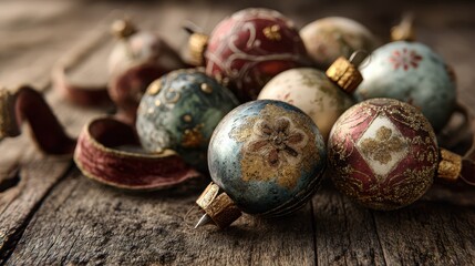 Vintage glass Christmas baubles with patina and brass caps in a cozy still life