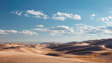 Naklejka premium Vast sand dunes under blue sky with scattered clouds.