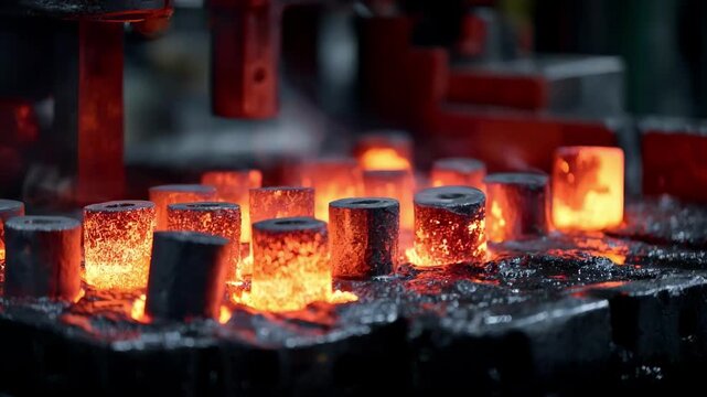 Medium shot of steel parts undergoing lowintensity carburizing highlighting early surface hardness development in an industrial furnace.