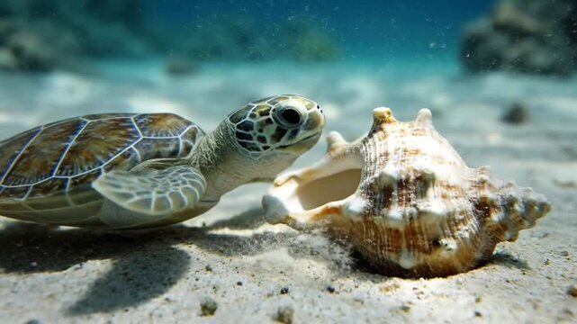 Sea Turtle Investigates Seashell Underwater