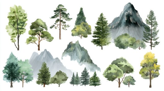 Watercolor landscape: various trees and mountain peaks in nature.