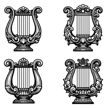 Vintage hand drawn musical instrument set featuring four ornate lyre illustrations for classic and elegant designs