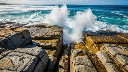 Majestic Australian coastline with crashing waves creating a dramatic scene against rocky formations