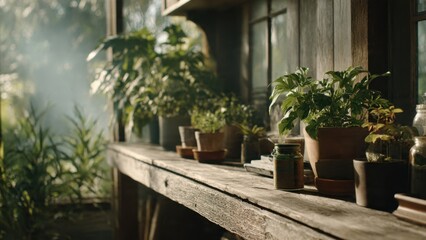 Fototapeta premium Sunlit Greenhouse Shelves with Potted Plants