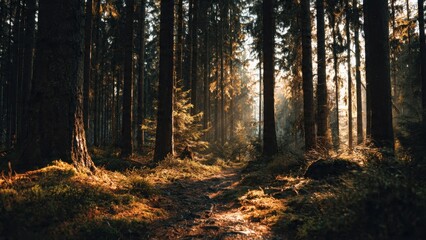 Fototapeta premium Sunlit path through a dense forest.