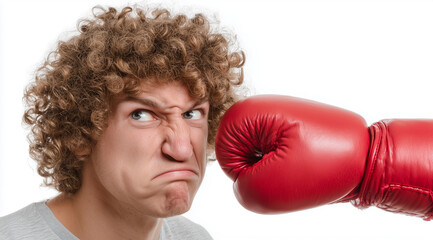 Young man with curly hair grimacing while receiving a punch from a red boxing glove on white background, representing conflict, sudden defeat, and the struggle of competition.