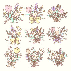 Spring pastel floral bouquet clipart set, cute hand drawn flowers, a sweet collection of hand drawn spring floral bouquets in soft pastel colors, perfect for invitations, greeting cards, and planners