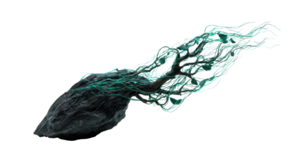 Surreal tree with glowing veins and dark stone base