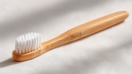 Natural bamboo toothbrush with white bristles, simple white background for clean dental care visuals