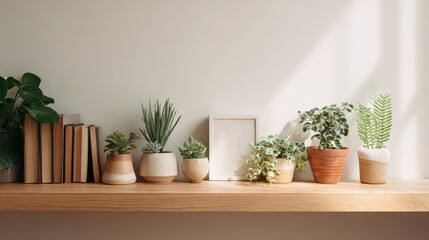 Calm and contemporary bookshelf decor with a white frame and greenery