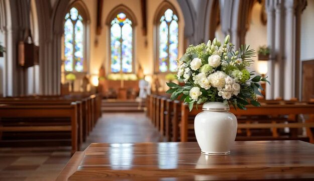 White ceramic cremation urn with lid on wooden table in church interior, fresh white flower arrangement beside the urn including white roses