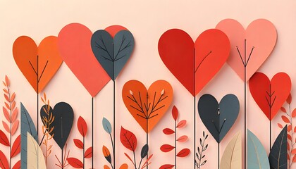 Colorful paper cutout hearts in various shades of red orange and black on stems with leaves against a soft peach background for valentine's day or love themed designs