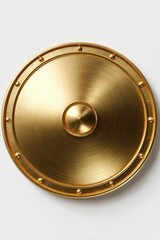 Polished gold-tone shield with central boss, round form on clean white background