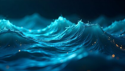 Glowing blue ocean wave cresting in dark water with sparkling particles with cresting wave and wave motion and ocean scene and glowing effect