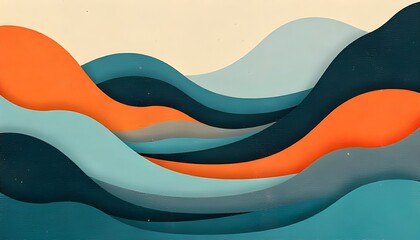 Vibrant wavy abstract design with orange teal and dark blue shapes on beige background for creative projects and presentations with colorful