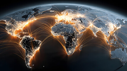 digital world map with illuminated flight paths and airplane icons, representing global travel and connectivity. vibrant network showcases international routes and destinations