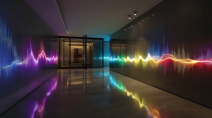 Modern architectural hallway with vibrant, colorful soundwave projections and reflective floors